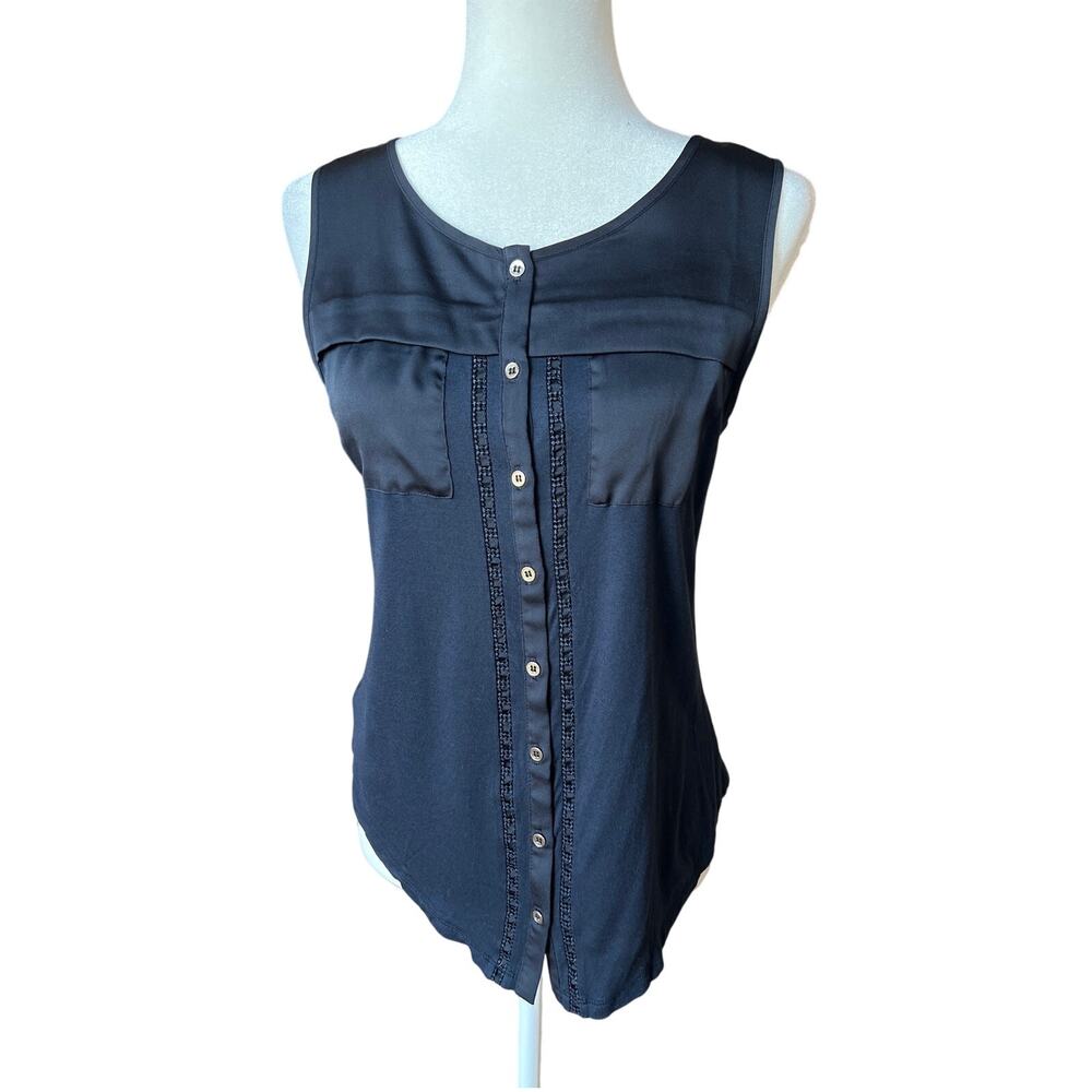 Ann Taylor Navy Sleeveless Button Front Embellished Blouse Women's Size S Career